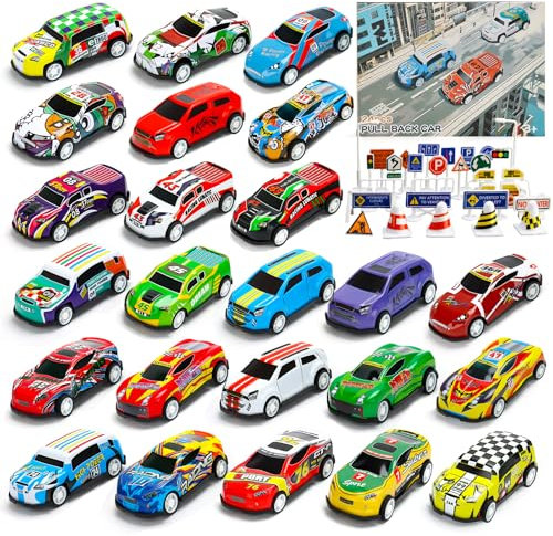 MUXIWOM Auto Spielzeug Set, 24 Stück Cars Spielzeug, Mini Spielzeugautos Aufziehautos mit 28 Straßensperre, Autos Zurückziehen Fahrzeuge, Stile Variieren, Geschenk für Kinder ab 3 4 5 6 7 8 Jahre