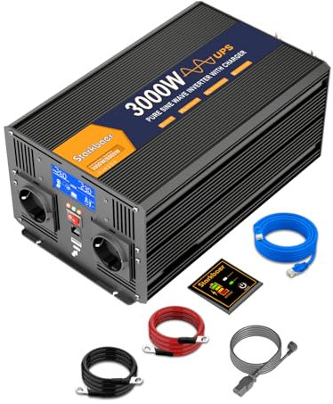 Starkbaer UPS 3000W Wechselrichter Reiner Sinus 12V auf 230V Spannungswandler, mit Netzvorrangschaltung und USV Funktion, 30A-Ladefunktion, 2 EU-Steckdosen, 5-M-Fernbedienung und LCD-Bildschirm