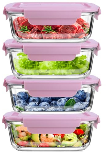 FEOOWV 4Pack 13oz/0.37L Glass Meal Prep Containers with Lids, Glass Storage Containers with Lids, BPA-Free, Pantry Organizers and Storage, Freezer to Oven Safe (Pink)
