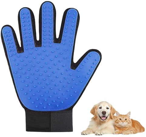 Hsyadazi Haustier Handschuh Bürste (Rechte Hand)+ Flohkamm - Fellpflege-Handschuh für Hunde & Katzen - Mit Massagenoppen für Kurz-/Langhaar (Blau)
