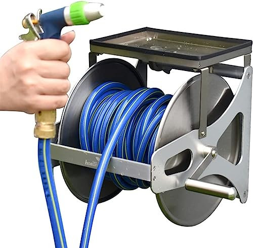 Carrello avvolgitubo portatile, carrello avvolgitubo da giardino, avvolgitubo per esterni, robusto carrello da parete in acciaio inox, organizer per piccoli tubi, avvolgitubo (colore: argento, dimen