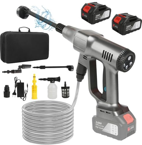 Nettoyeur haute pression avec 2 batteries de 15 000 mAh, buse 6 en 1, buse réglable et tuyau de 5 m, pistolet à eau à pression pour voiture, sol, jardin, argenté