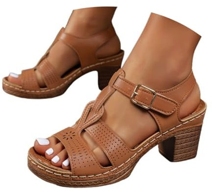 Allbestop Femmes Sandales à Talons Épais, Sandales pour Femmes Ballerines Talon Compensées Escarpins Bout Ouvert Chaussure Pied Nu Femme Semelle Chaussure Toile Femme Été Chaussures Mariage(Marron,41)