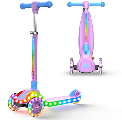 Patinete Ajustable 2 en 1, de 3 a 12 años, con Manillar de 5 Niveles, Asiento extraíble, Ruedas LED, Plegable, Rosa (niñas y niños) y Negro.
