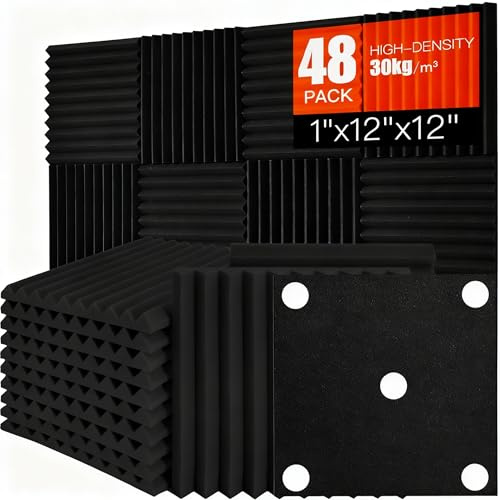Akustikpaneele 48 Stücke,Akustikschaumstoffplatten Schallabsorbierende Platten Keile Schalldämmung Schallisolierung für Studio, Büro, Akustische Behandlung Schwarz 30x30x2.5cm