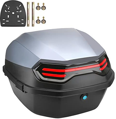 OAOAO Universal-Motorrad-Topcase mit Lichtern und Rückenlehne, 11 x 15 x 15 Zoll, wasserdicht, abschließbar, for Roller, Moped, 1 Stück(Silvery gray)