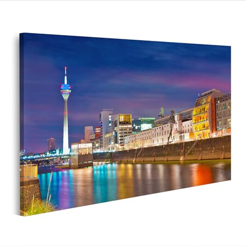 islandburner Bild auf Leinwand Rheinturm und Medienhafen bei Nacht in Düsseldorf Bilder Wandbilder 80x40cm
