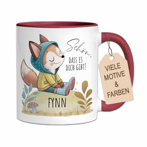 Personalisierte Kindertasse aus Keramik mit Namen | Tasse mit Retro Tier-Motiv als Geschenk für Jungen & Mädchen zu Geburtstag, Einschulung (Fuchs, Bordeaux)