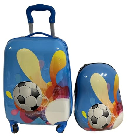 Gustav Voss 2-TLG. Kinder-Koffer-Set: Reisekoffer+Rucksack Kids Kindergepäck auf Rollen Trolley Reisekoffer mit Teleskopgriff Hartschalenkoffer Motiv: Fußball