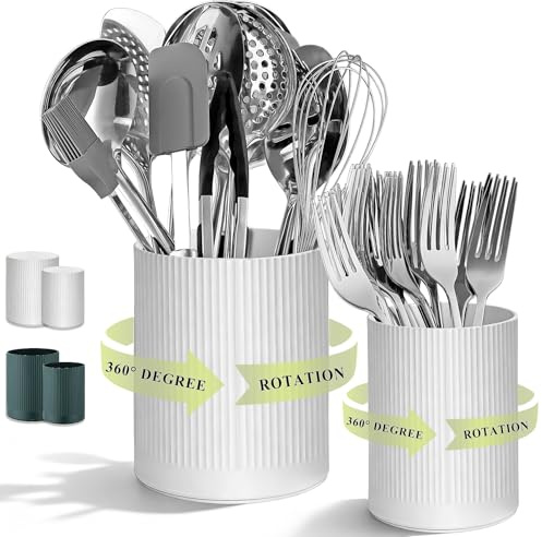 HOMQUEN Porte-Utensiles Rotatif 360°, Set de 2- Porte-Ustensiles de Cuisine en Plastique 16+12cm, Grand Recipient à Ustensiles pour Comptoir,Organiseur de pour Spatules, Décoration de Cuisine (Blanc)
