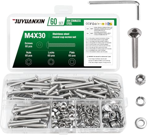 60 Set M4 x 30 mm Nuts and Bolts Assortment, Hex Socket Button Head Screws Bolts and Nuts Set, Stainless Steel Allen Machine Screws with Flat & Lock Washers Set