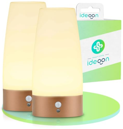ideoon 2er-Set Elegante LED-Tischlampe mit Bewegungsmelder – Kabellose Flurleuchte mit warmweissem Licht – Ideal als Nachtlicht im Schlafzimmer