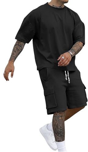 QUNERY Tuta Uomo Estiva Jogging Casual Completino 2 Pezzi Casual Traspirante Abito T-Shirt Allentato Spiaggia