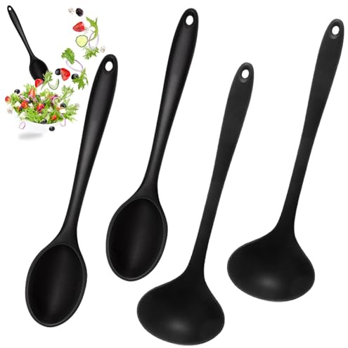 Lot de 4 Louche Silicone à Long Manche, Cuillere Silicone Cuisine | avec Trou de Suspension Rond, Idéales pour Remuer Vos Plats. Lavables Au Lave-Vaisselle, Sans BPA (2 Petites Et 2 Grandes)