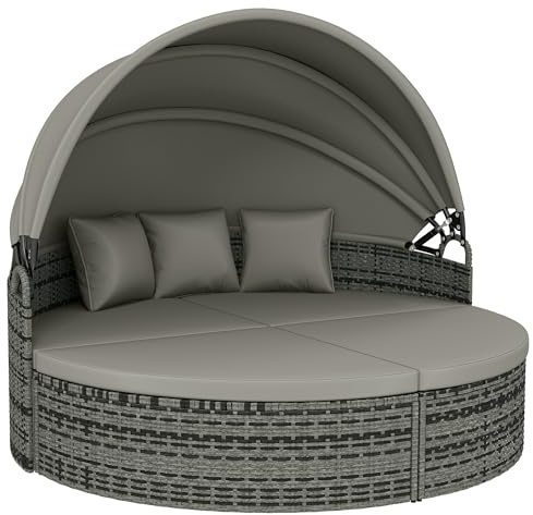 Outsunny - Baño de sol redondo, cama de jardín al aire libre modular 3 PSC de resina trenzada con toldo retráctil, cojines y almohadas, chaise longue Relax para piscina, terraza, porche, gris claro