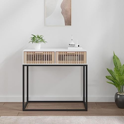 KKgypkn Table d'appoint avec pieds en métal et 2 tiroirs, console blanche avec plateau stable et support mural, table en bois et fer
