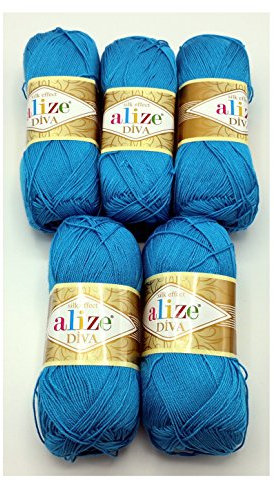 5 x 100 Gramm Wolle Diva Batik einfarbig, 500 Gramm merzerisierte Strickwolle microfiber-Acryl (türkis dunkel 245)