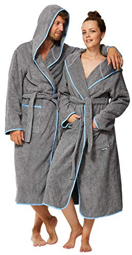 Sowel® Bademantel Damen und Herren, 100% Bio-Baumwolle, Extra Lang mit Kapuze, Morgenmantel, Flauschig, Frottee