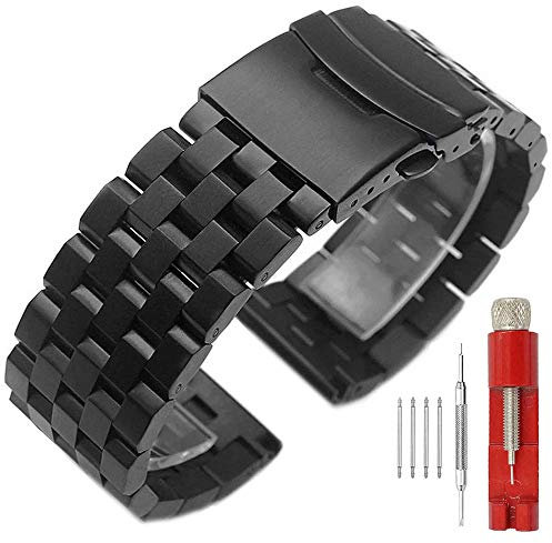 SINAIKE Armband für eine Armbanduhr 22mm Uhrenarmband aus Metall 5 -Reihen Armbänder aus Gebürstetem Massivem Edelstahl Ersatzband Schwarz Armband