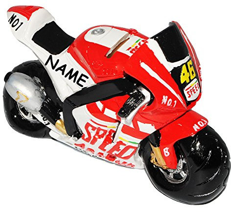 alles-meine.de GmbH Spardose - Motorrad/Rennmaschine - Nr. 46 - incl. Name - rot/weiß - stabile Sparbüchse aus Kunstharz - Bike/Biker/Fahrzeug Rennserie/Rennmotorra..