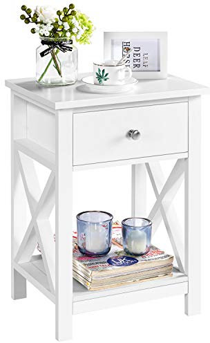 Yaheetech Bedside Table with 1 Drawer X Design Nightstand with Storage Shelf Wooden Cabinet Side Table Storage Unit for Bedroom/Living Room, 40x30x55cm, White