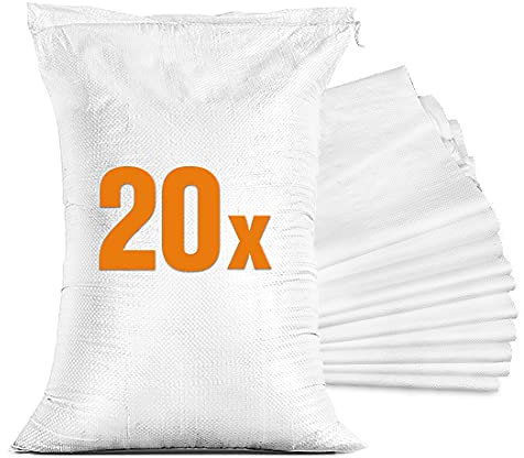 TK THERMALKING 20x Sandsäcke für Hochwasser - Sandsack leer mit Zugband zum Befüllen – Hochwasserschutz Kellerfenster – PP Gewebesack Weiß (40 x 60 cm)