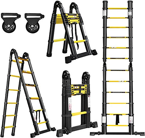 UISEBRT Teleskopleiter 3,8m Klappbar Alu-teleskopleiter Mehrzweckleiter Rutschfester Aluleiter Schiebeleiter Multifunktion Faltbar Leiter Ausziehleiter max 150 kg Belastbarkeit, Schwarz (1,9+1,9M)
