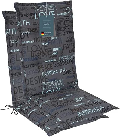 LILENO HOME Gartenstuhl Auflagen als [2er Set - Hochlehner] in Letters Anthrazit - Bequeme Liegen als Sitzauflagen für Gartenmöbel - Stuhlkissen für Gartenstühle und Klappstühle