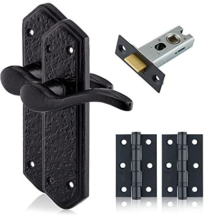 XFORT Smithy's Range London Suite Lever Latch Pack Black Antique, Complete Set with Door Handles, 65mm Tubular Latch and 75mm Ball Bearing Hinges, Door Handles Set for Internal Wooden Doors.