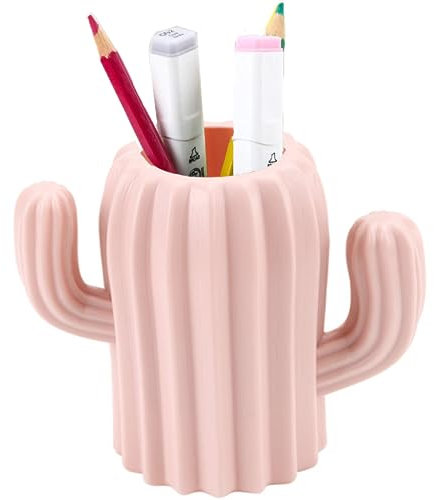 XFLYP Cactus Shape Pen Holder, Cute Stationery Desk Organiser, Makeup Brush Holder, Creative Funny Cactus Shape Desk Pen Holder Stand, Office Supplies, Vanity Table (Pink)