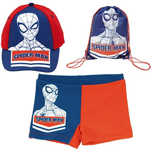 Bañador Spiderman para Playa o Piscina + Gorra Spiderman para Niños + Saco Multiusos | Bañador Spiderman Tipo Bóxer + Gorra Ajustable Spiderman Niño + Saco para Gym (8 años, Rojo)