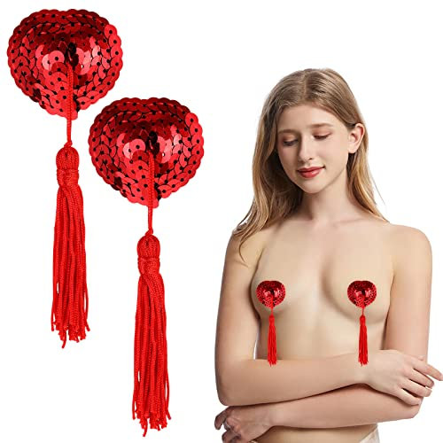 Xinjieda Reusable Adhesive Nipple Covers, Heart-Shaped Silicone Pasties with Tassels, 2 Pairs (red)