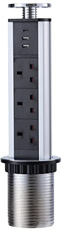 Pull Pop Up Power Sockets for Kitchen Worktops Electrical Plug Socket with 1 Type-C & 2 USB Charging Ports, Chrome Plated
