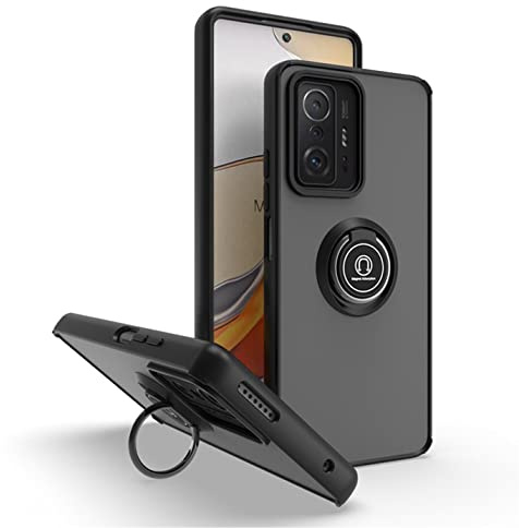 BORYA Hülle für Xiaomi 11T Pro 5G/Xiaomi 11T 5G, Hochwertiges Matte Weiches Silikon TPU+PC Bumper Handyhülle Ultra Dünn Stoßfest Case Ring Ständer Schutzhülle, Schwarz