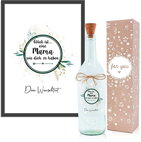 OWLBOOK Glück ist Mama Euka Geschenkset Flaschenlicht und Bild Geschenke für Mama Muttertagsgeschenke Geburtstagsgeschenk Weihnachtsgeschenke für Mama Geschenk Geburtstag Muttertag Weihnachten Deko
