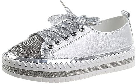 rismart Damen Mode Sneaker Strasssteine Low-Top Schnürung Turnschuhe Gehen Plattform Trainer Silber, 38.5 EU