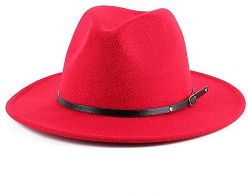 Upstore Klassischer Fedora-Hut für Damen, Wolle, mit Gürtelschnalle, Filz, breite Krempe, Panamahut, Weinrot, rot, 6 7/8-7 1/8