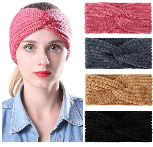 Monbessi 4 Stück Stirnband Damen Winter, Frauen Häkelarbeit Stirnbänder Elastisches Stirnband Madchen Winter, Partei Outdoor-Sportarten (Schwarz + Braun + Grau + Rosa)