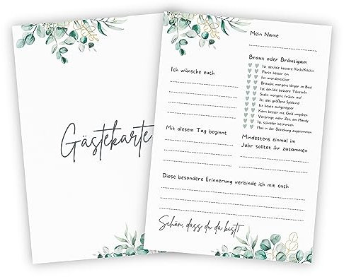 Bartschibär Gästebuchkarten im Eukalyptus Design - Gästekarten Gästebuch alternative mit Fragen (20 Karten, Eukalyptus Wasserfarben)