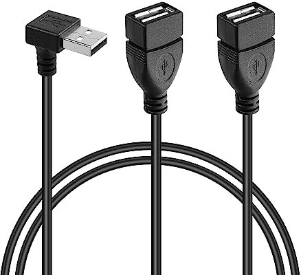 GINTOOYUN USB A 2.0 Y Splitter Extension Cable，90 Degree Angle Male to Dual Female Connector Cable for Car,Laptop,PC,Mobile Telephone,Printer/U-Disk etc 3.28FT（Up Angle） (Up Angle)