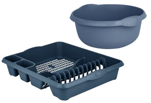 M1SS Set of 32cm Round Washing up Bowl with Large Dish Drainer Plate Rack Draining Board Tray Stand Sink Holder Kitchen Organiser (Navy Blue)