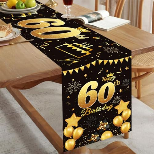 Tischläufer 60 Geburtstag Schwarz Gold Happy 60th Birthday Tischband zum 60. Geburtstag Männer Frauen Jahrestag Feier Party Dinner Tisch Leinen Tuch Deko für Zuhause Küche Draußen Drinnen, 180x35 cm