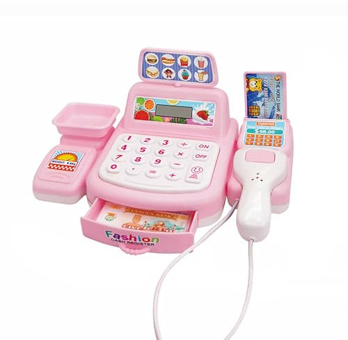 Caisse Enregistreuse de Jouet pour Enfants, avec Scanner, Calculatrice Réelle et Sons, Commerçant Marchande Jeux pour Filles Garçons Jeux de Rôle, Cadeau Anniversaire pour 3 Ans (Rose)