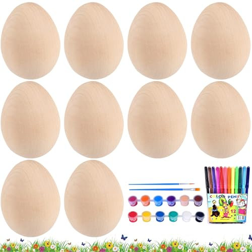 KIKVTER Ostereier, 10 Stück Holzeier, Ostereier Deko, Osterdeko Dekoeier, Holz Eier Deko, Holz Ostereier zum Bemalen, Holzeier Deko Kinder, Groß für Ostern, Ostern Geschenk für Kinder