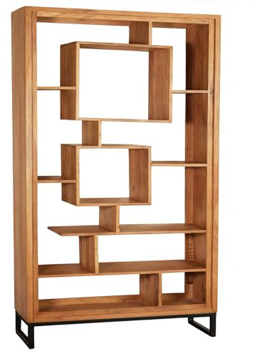 Riess Ambiente Massivholz Bücherregal CUBUS 190cm Akazie Honey Finish Metallfüße schwarz Standregal, Wohnzimmerregal aus Massivem Holz