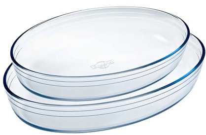 Ôcuisine® Oval Glass Baking & Roasting Dishes | Family Lasagne Dishes | Oven Safe - Freezer Safe - Microwave Safe | Borosilicate Glass | Made in France Set of 2 Oval Roasters (3, 4LT)