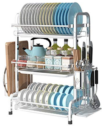 Escurreplatos de 3 niveles, escurridor de platos de acero inoxidable SUS 304, escurridor de platos inoxidable con bandeja de drenaje, soporte para utensilios y soporte para tabla de cortar para
