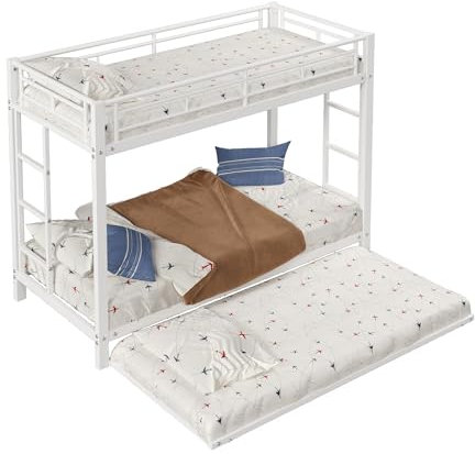 Azkoeesy Etagenbett 90x200 cm, mit Ausziehbett, für 3 Personen, Kinder und Erwachsene, Metallbett, Gästebett, Dreibett, Funktionsbett Weiß