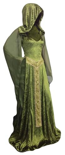 Cyborey Mittelalterliches Kleid mit Kapuze Damen Schnürung Retro Grün Langes Kleid Erwachsene Halloween Cosplay Kostüm
