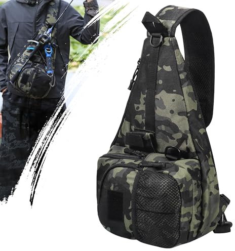 cakefly Sac à dos de pêche réglable multi-poches étanche avec porte-canne, leurre, sac à bandoulière pour accessoires de pêche en eau salée et eau douce, camouflage